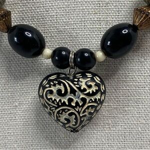 Artisan Beaded Puffed Heart Necklace Pendant Black Cream Mixed Beads Boho Earthy